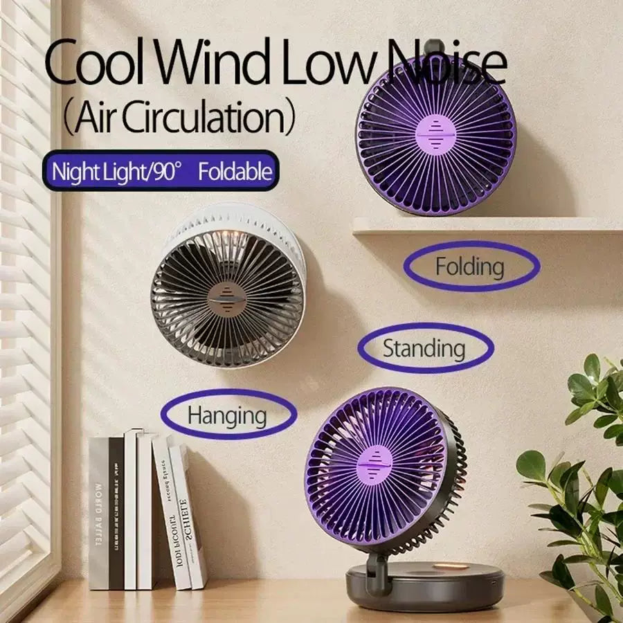 Unisex one size compact folding rechargeable USB Type C desk fan with adjustable tilt angle and integrated LED night light Bowlift