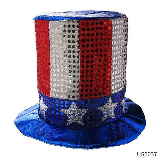Unisex nan Tall Velvet Patriotic Top Hat with Star Band and Wide Brim Bowlift