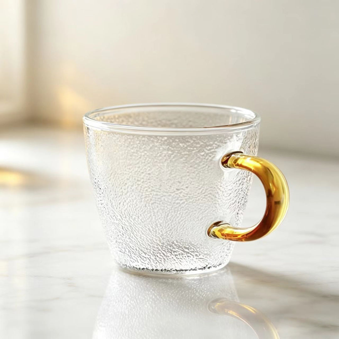 Hand-Blown Textured Glass Coffee Mug with Curved Decorative Handle Bowlift