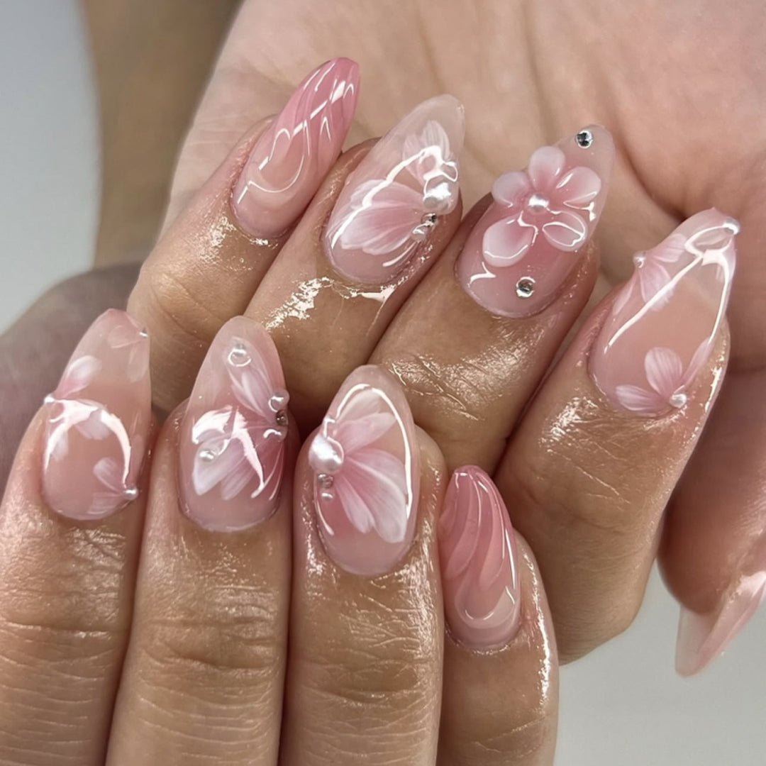 Artistic Nail Extensions with Floral Design Bowlift