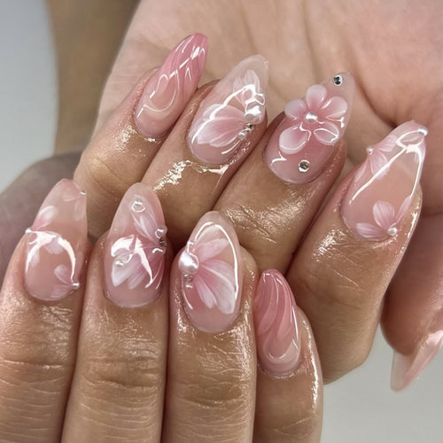 Artistic Nail Extensions with Floral Design Bowlift