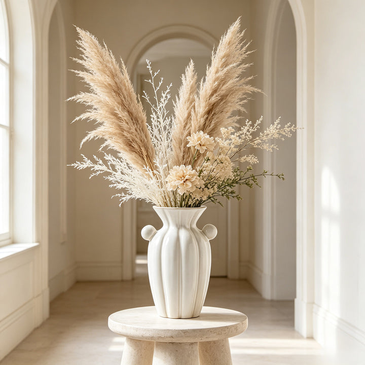 Hand-crafted fluted ceramic decorative vase with sculpted side handles