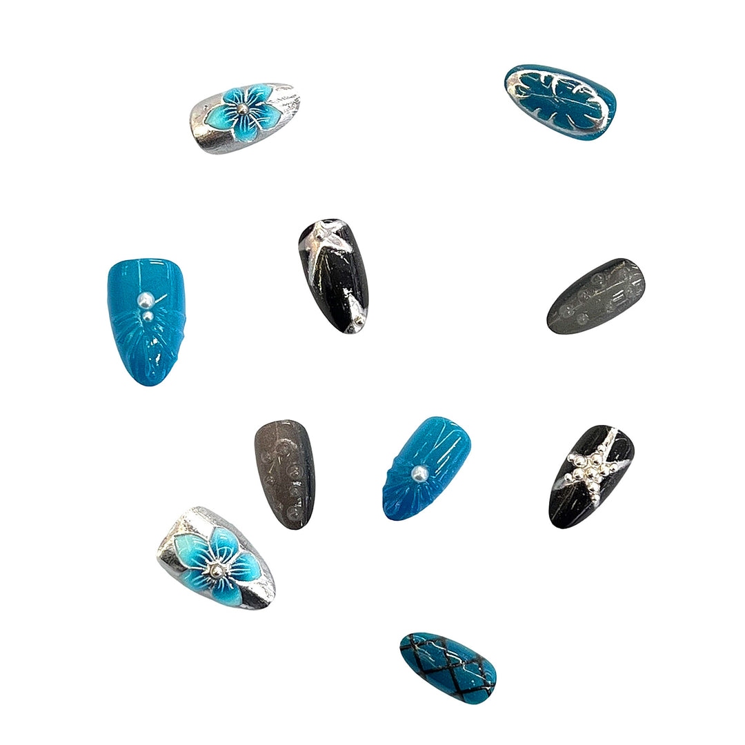 Artistic Press-On Nail Set with Floral Motifs Bowlift