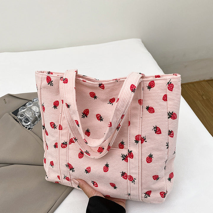 Playful Strawberry Print Corduroy Tote Bag Bowlift