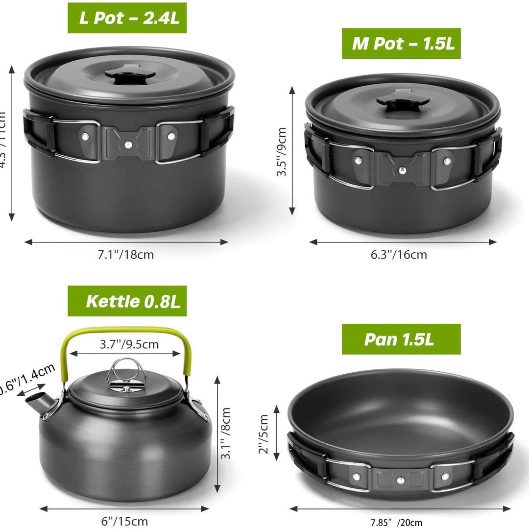 compact nesting anodized aluminum camping cookware kit with kettle nonstick pots frying pan foldable wash basin stainless steel plates cups Bowlift