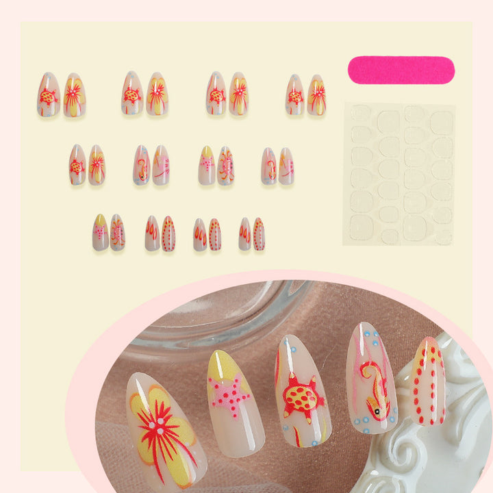 Artistic Press-On Nail Set with Floral and Colorful Designs Bowlift