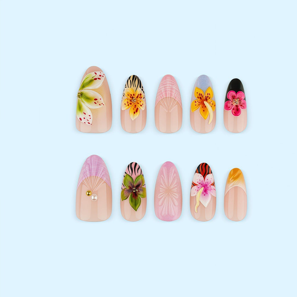 Artificial nails with floral design and 3D applications Bowlift