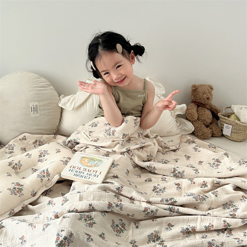 Unisex Cotton Muslin Blanket with Floral Design and Ruffle Details Bowlift