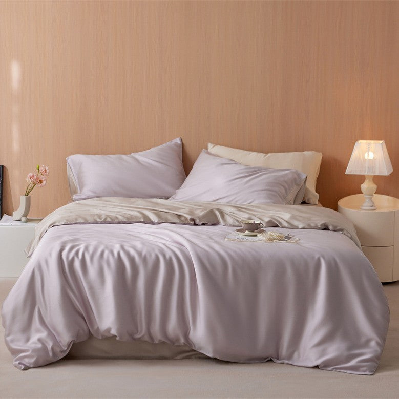 Luxurious cotton satin bedding set with a silky-matte feel, reversible function, and fine piping