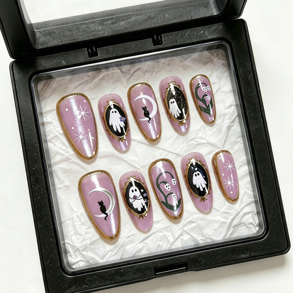 Halloween-Themed Ghost and Cat Press-On Nail Art Set Bowlift