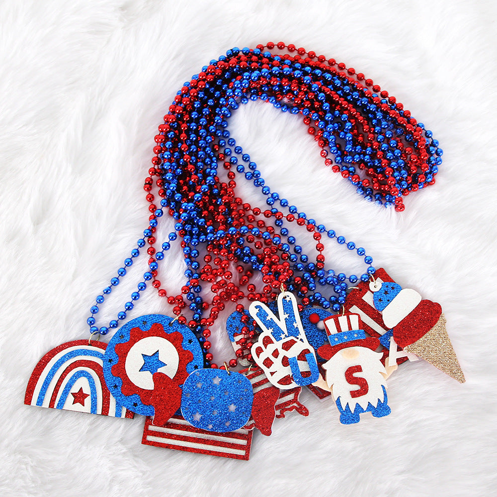 Women's nan glittered layered circular patriotic pendant necklace with beaded chain and star medallion Bowlift