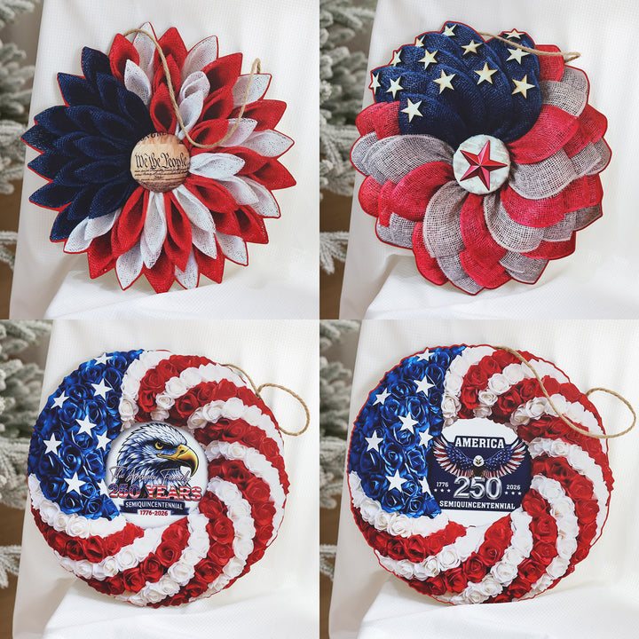 Unisex nan Patriotic Americana Burlap Ribbon Star Door Wreath with Jute Hanger Bowlift