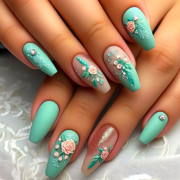 Floral Embellished Press-On Nail Set Bowlift