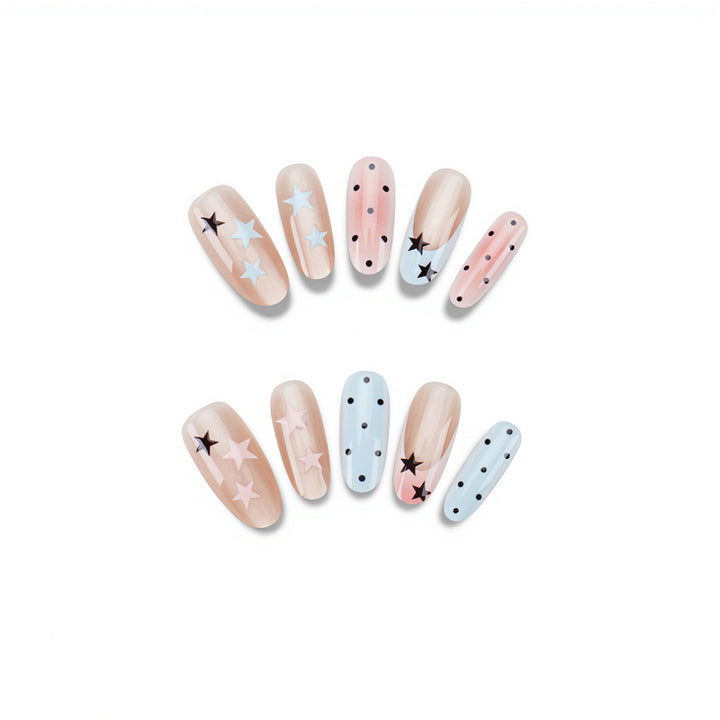 Artistic Press-On Nail Set with Star and Dot Designs Bowlift