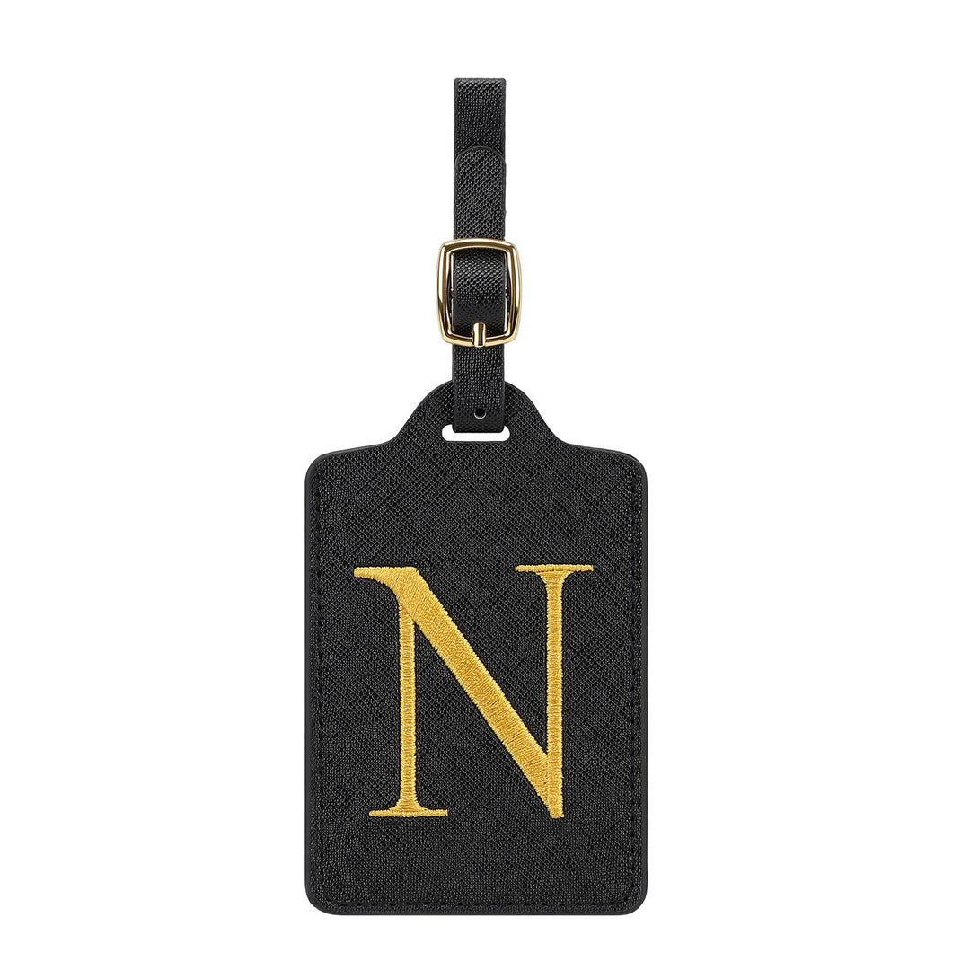 embroidered initial monogram leather luggage tag with adjustable buckle strap Bowlift