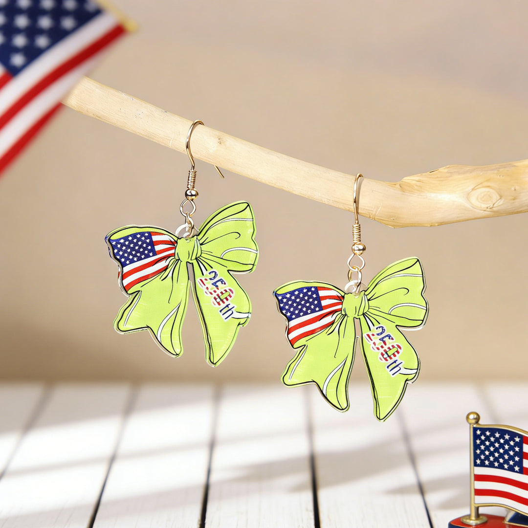 Women's nan patriotic bow dangle acrylic earrings with gold plated hooks and lightweight charm Bowlift