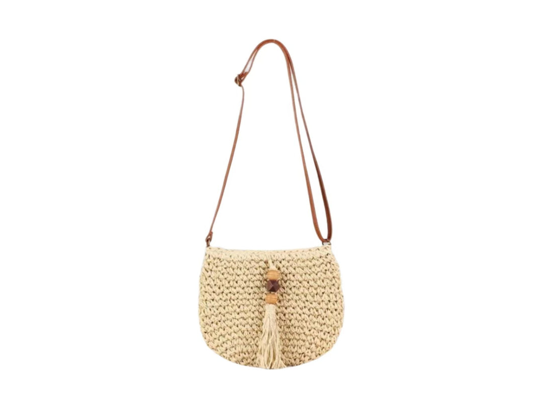 Handwoven shoulder bag with tassels and wooden details Bowlift