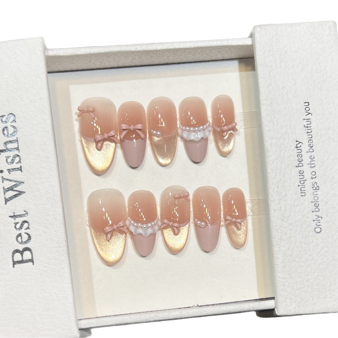 Elegant Press-On Nail Art Set with Pearl and Bow Accents Bowlift