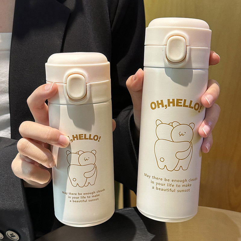 Ladies Insulated Drinking Bottle with Cute Animal Design and Practical Flip Top Bowlift