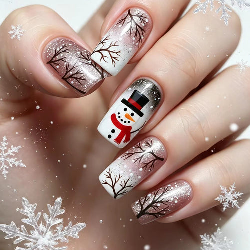 Artificial nails with elegant snowman and winter landscape design Bowlift