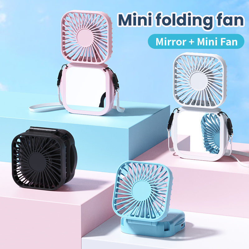 Cooling portable rechargeable folding mini fan with mirror and adjustable swivel stand Bowlift