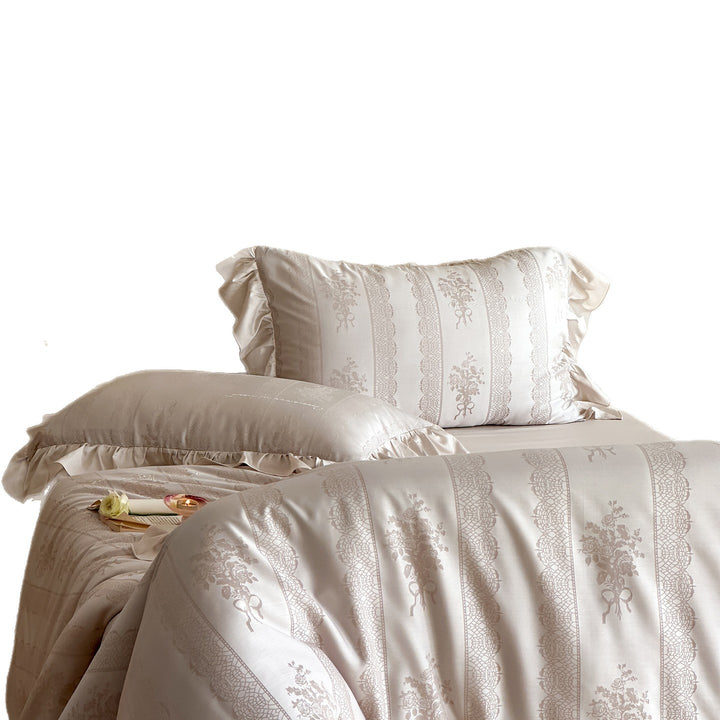 Luxurious cotton satin bedding set with ruffle pillow and fine jacquard pattern