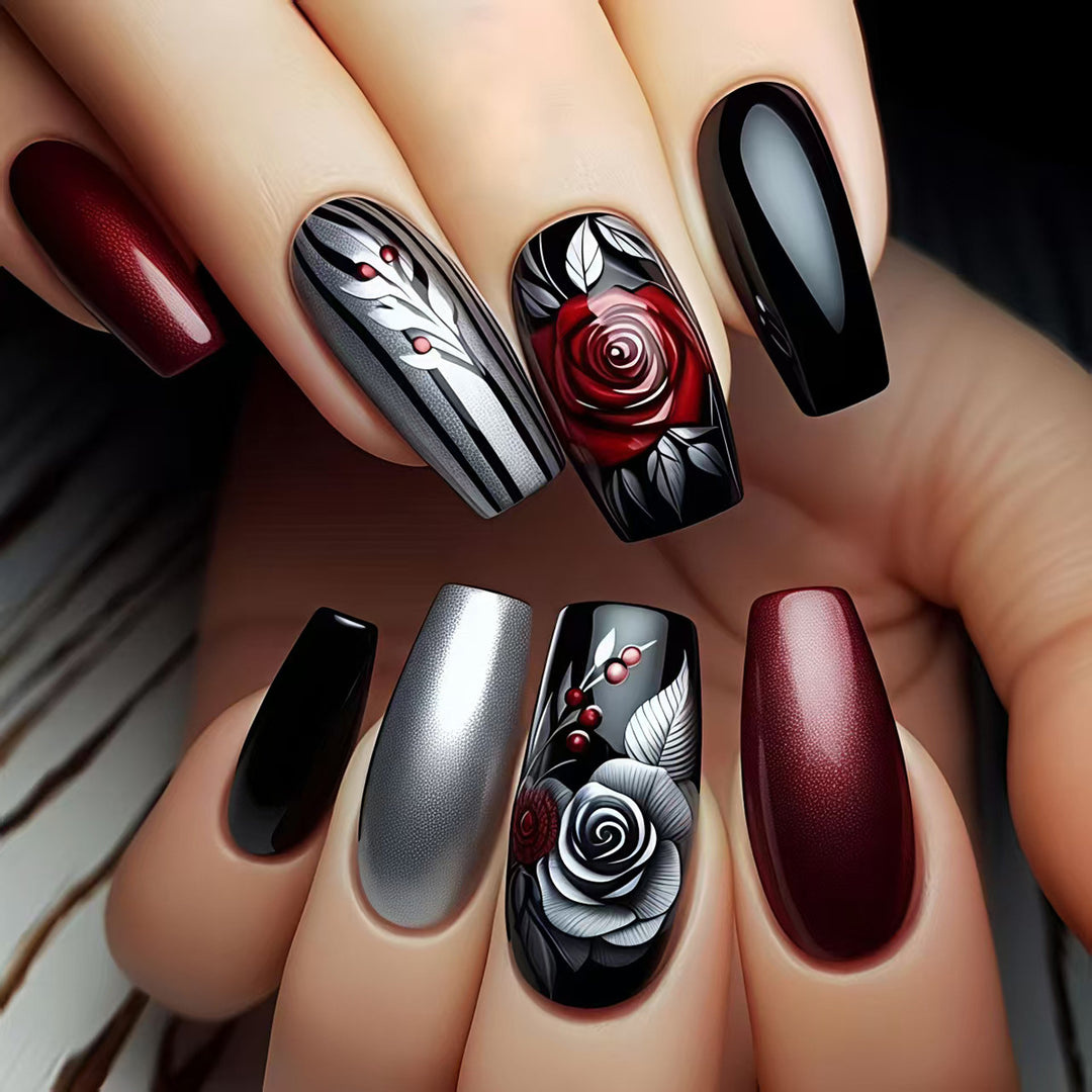 Elegant Artificial Nails with Noble Rose Design Bowlift