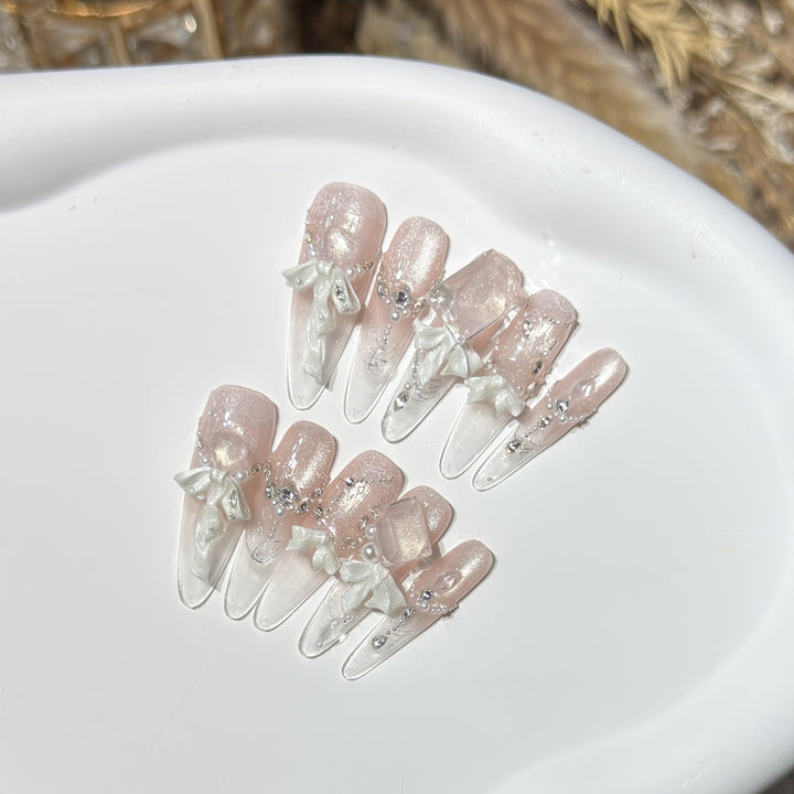 Elegant Press-On Acrylic Nail Set with Decorative Bow and Glitter Accents Bowlift
