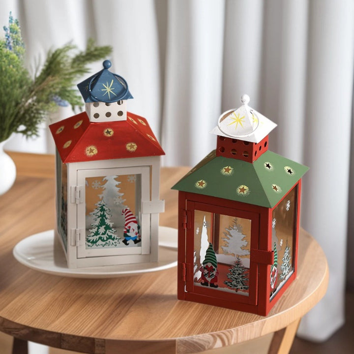 Decorative Holiday Gnome Lantern with Star-Cut Roof and Glass Panel Candle Holder Bowlift