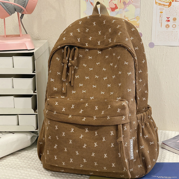 Cute Bow-Embellished Corduroy Backpack Bowlift
