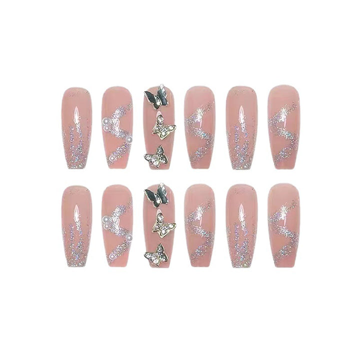 Trendy 3D design artificial nails with glitter and butterfly accents Bowlift