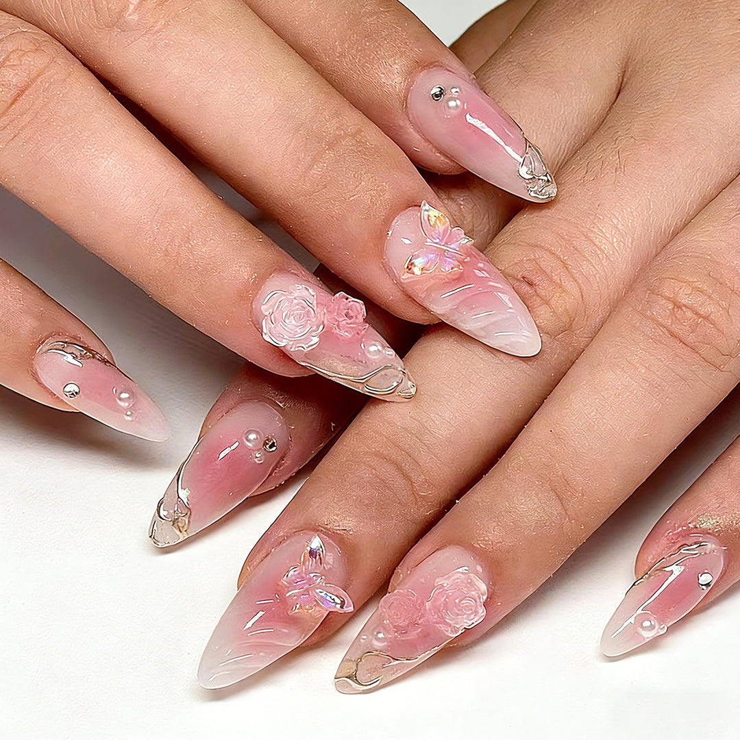 Artificial nails with delicate rose design and glitter accents Bowlift