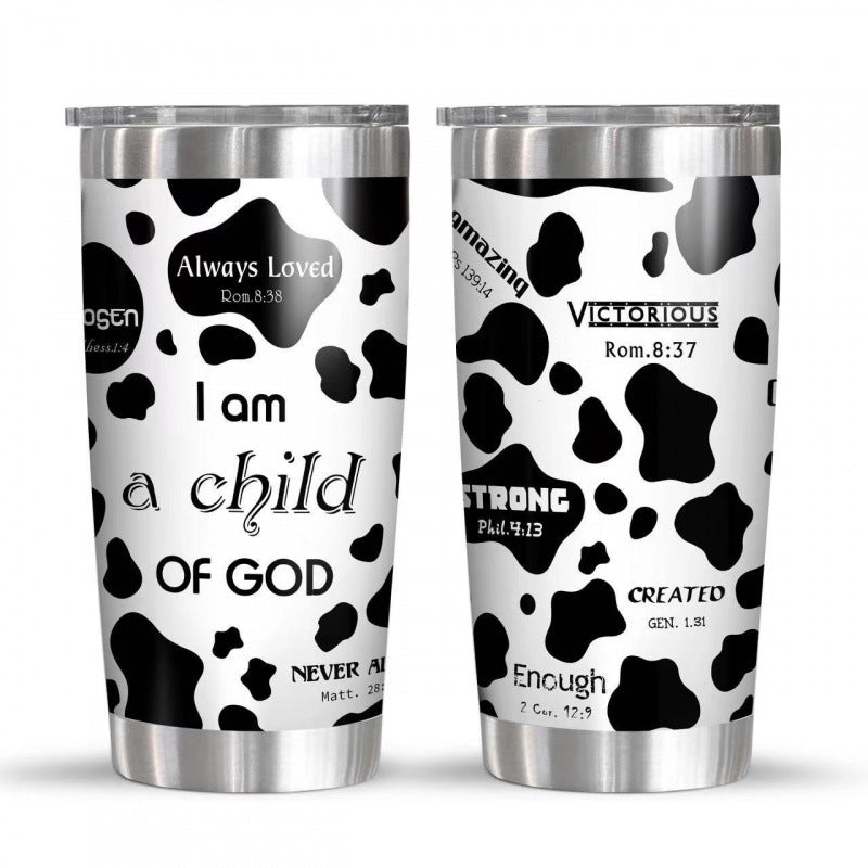 Double-Wall Vacuum Insulated Stainless Steel Travel Tumbler With Spill-Resistant Lid And Printed Cow Sunflower Design