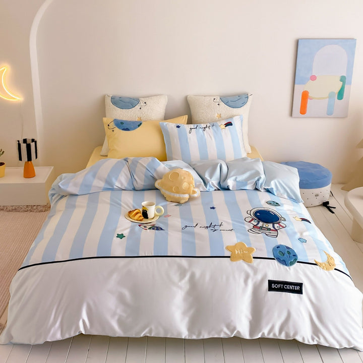 Space-Themed Striped Cotton Duvet Cover Bedding Set