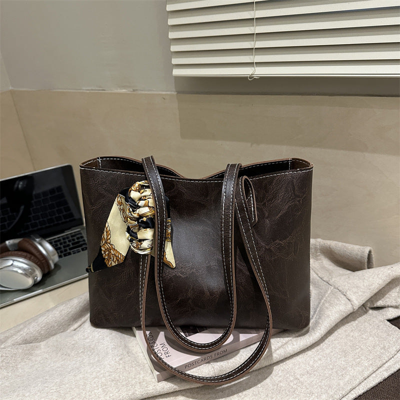Stylish Structured Tote Handbag with Decorative Scarf