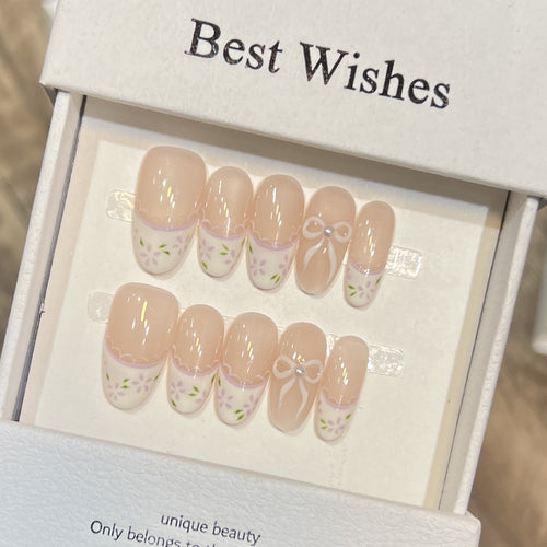 Decorative Press-On Nail Set with Floral Bow Design Bowlift