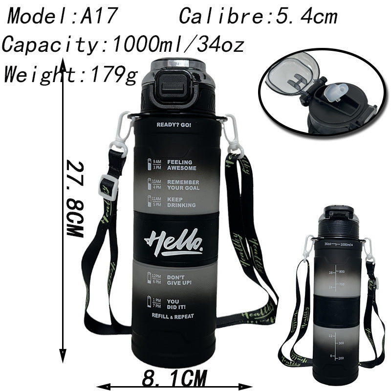 Women's motivation water bottle with time display and shoulder strap Bowlift