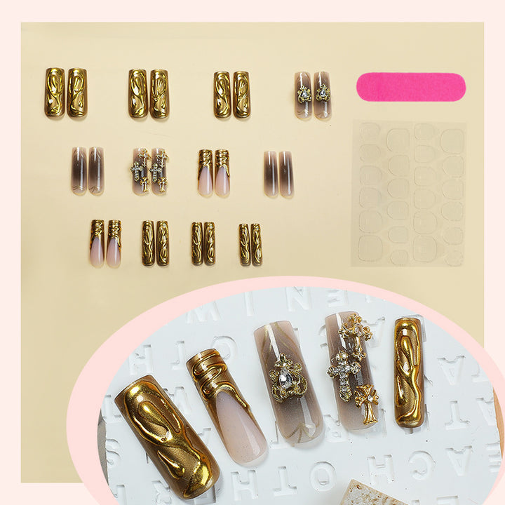 Decorative Press-On Nail Set with Gold Accents Bowlift