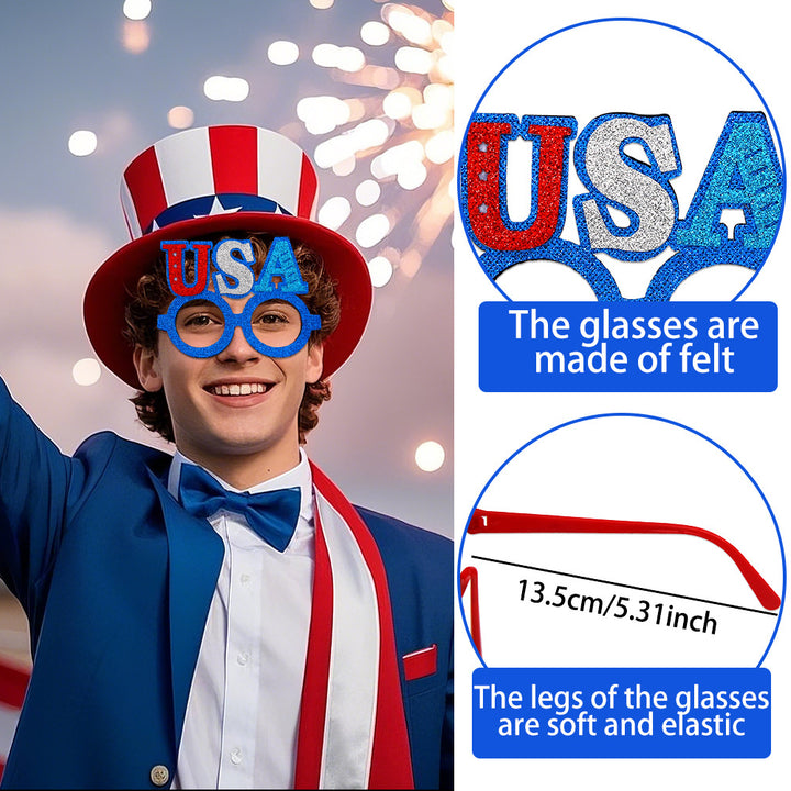 Unisex nan patriotic glitter novelty party glasses with USA letter topper Bowlift