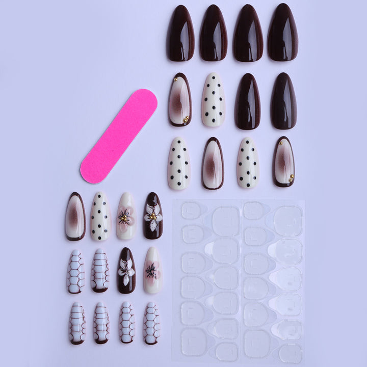 Designer artificial nails with floral and geometric accents Bowlift