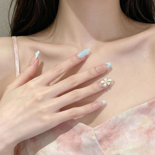 Elegant Press-On Nail Art Set with Floral and Ombre Design Bowlift