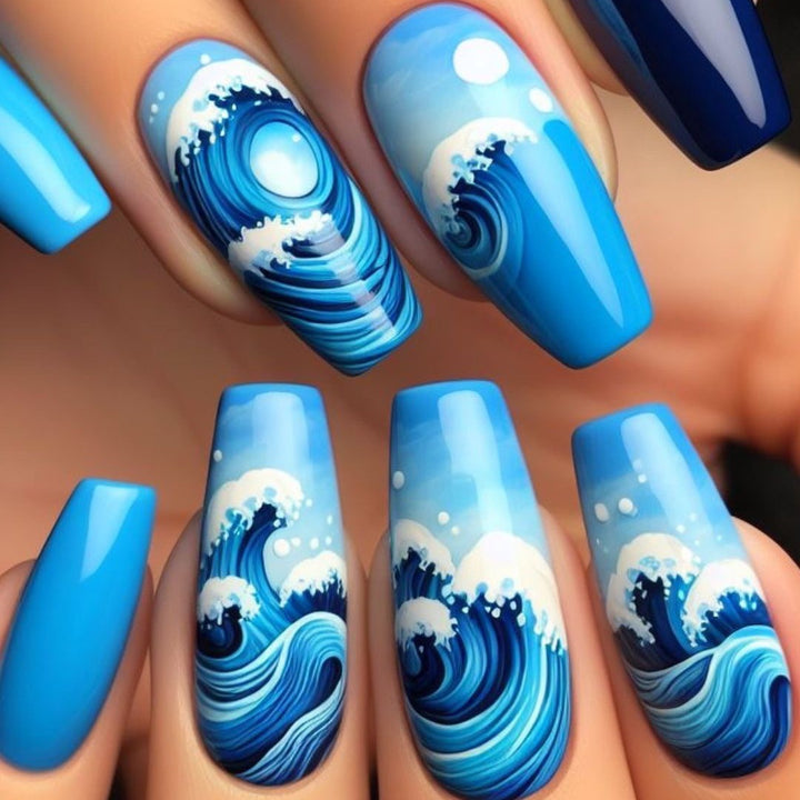 Artificial Nail Set with Maritime Wave Designs Bowlift