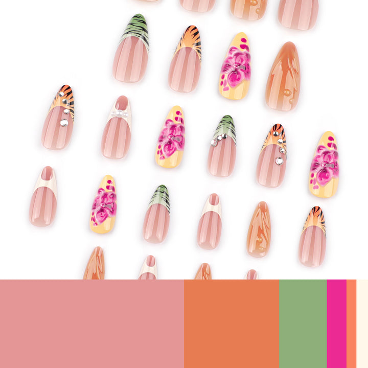 Artistic stiletto nails with colorful flower design and glitter Bowlift