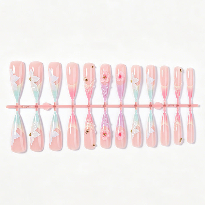 Elegant Artistic Press-On Nail Set with Floral Designs Bowlift