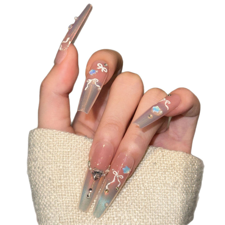 Elegant Press-On Nail Art Set with Chic Ribbon and Gem Accents Bowlift