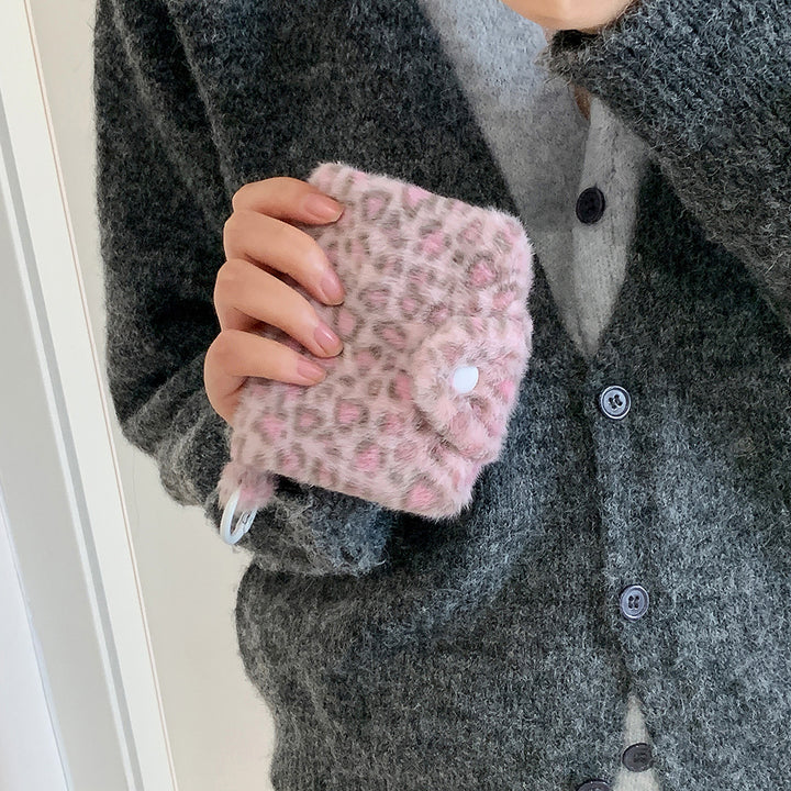 Faux Fur Leopard-Print Snap Keyring Card Wallet Bowlift
