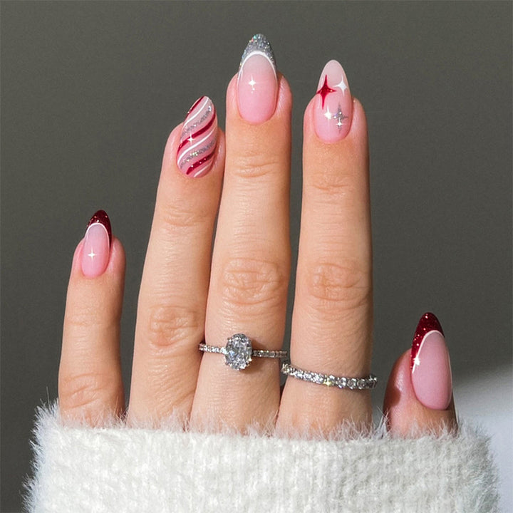 Decorative Press-On Nail Set with Glitter and Striped Design Bowlift