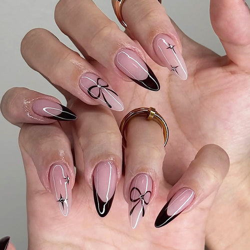 Elegant Press-On Nail Set with Artistic Bow Designs Bowlift