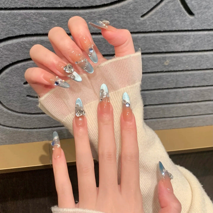 Artistic Press-On Nail Art Set with Floral and Gemstone Accents Bowlift