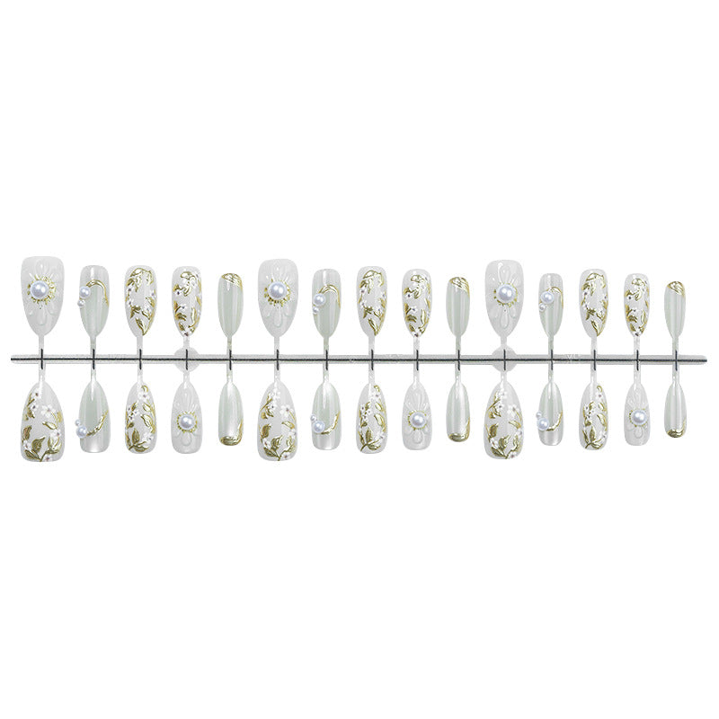 Artificial nail set with elegant flower and pearl decorations Bowlift